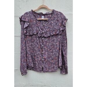 Gap Blouse Womens XXL‎ Purple Floral Button Front Ruffle Long Sleeve Top Soft